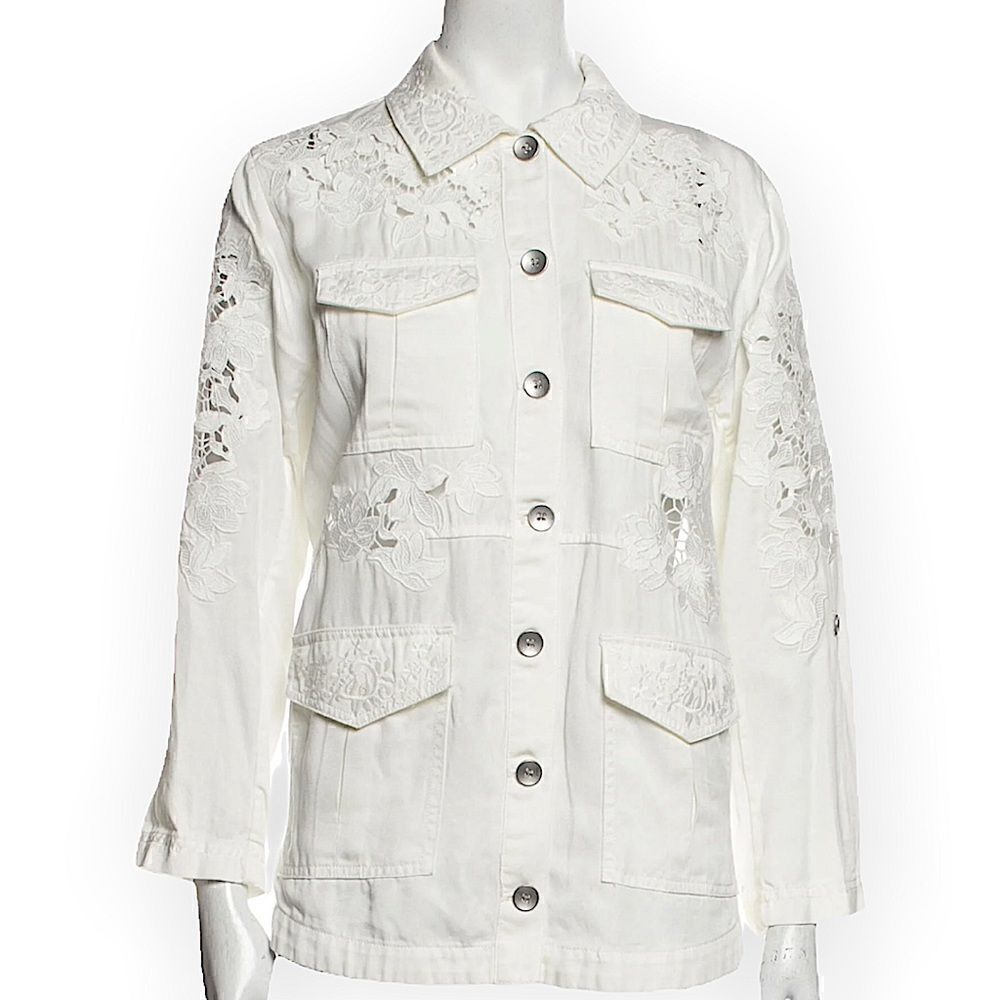 ALICE + OLIVIA Three-Quarter Sleeve Embroidered White Button-Up Top